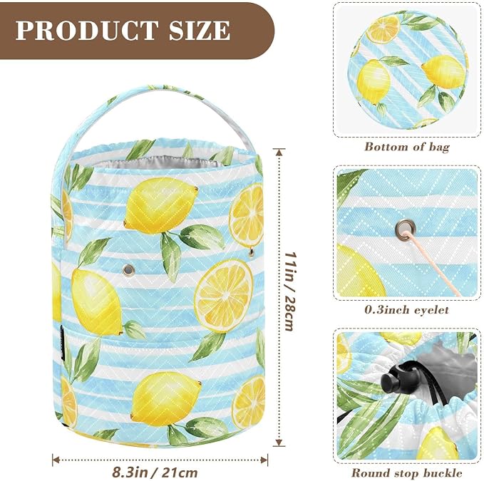 Fustylead Watercolor Lemon on Light Blue Striped Yarn Storage Bag and Knitting Crochet Tote, Large Yarn Drawstring Basket for Crocheting Kit, Project, Sewing Supplies, Needles