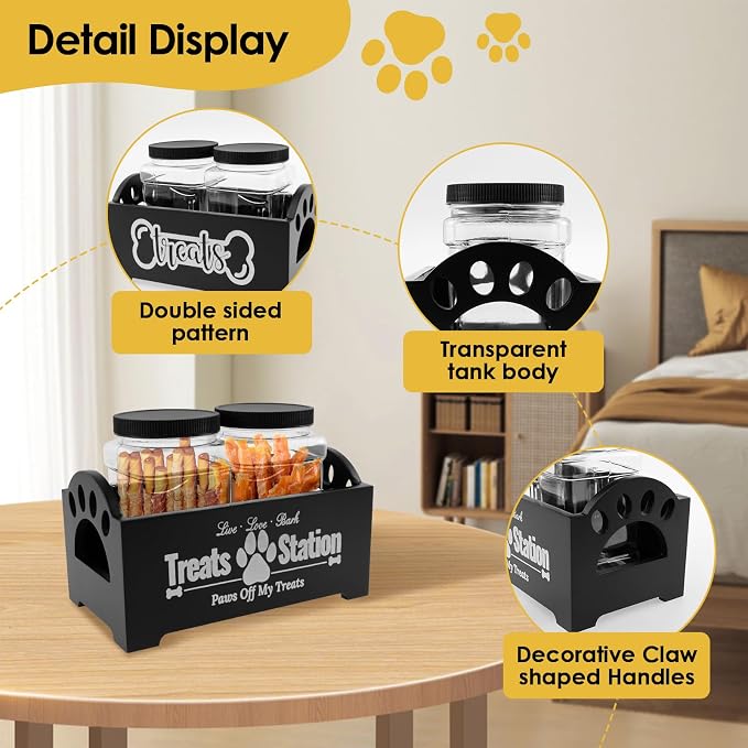 Dog Treat Container With 2 Plastic Jars, Farmhouse Pet Food Storage Organizer for Dogs and Cats (Black)