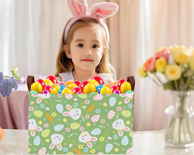 Large Rectangular Easter Baskets Empty Waterproof Boy Toy Box Foldable Kid's Gifts Storage Bin Spring Room Decor(Flower Carrot Rabbit Egg)