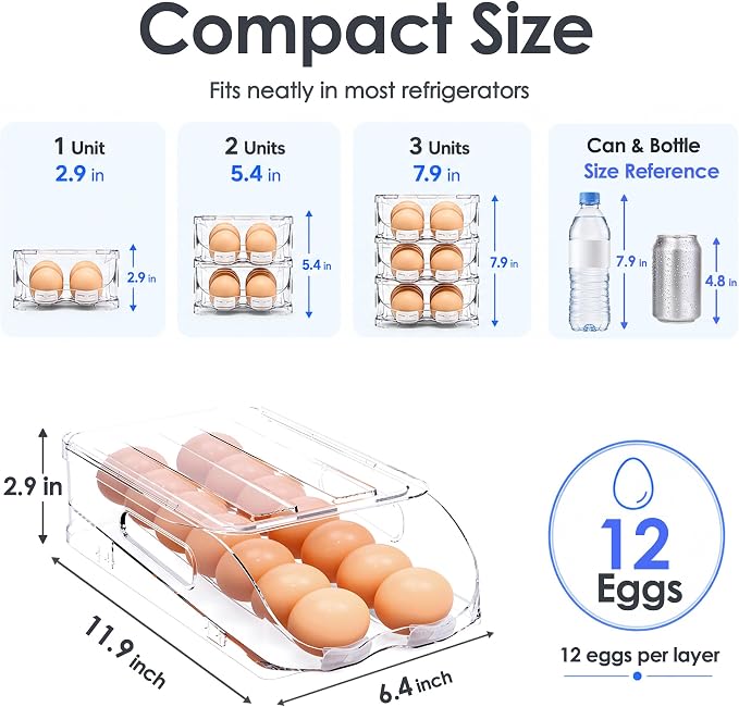 SMRCAD 12-Egg Dispenser with Silicone Bumpers, Auto-Rolling, Stackable | BPA-free food-grade PET | Stackable with lid | Built-in handle | Fits Large to Jumbo Eggs | Hand wash only