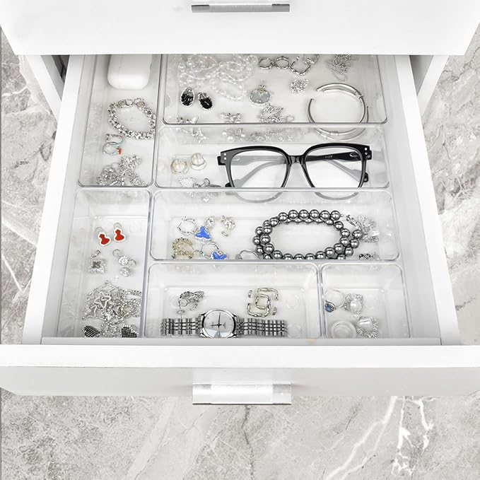 Manalete 15 Pcs Clear Plastic Drawer Organizer, Makeup & Vanity Organizer | 4-Size Versatile Desk Organizer & Storage Bins for Kitchen, Bathroom, Office, Jewelries, Easy Clean, Stackable, BPA-Free