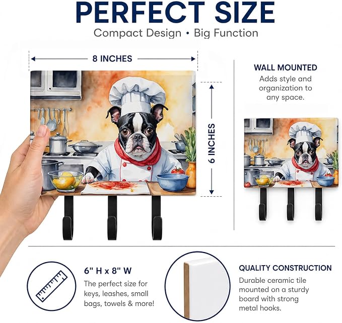 Caroline's Treasures Boston Terrier The Chef Leash or Key Holder Wall Hooks, Key Hooks Holder, Coat Rack Wall Mount, Coat Hooks, Hooks for Hanging Keys, Towels, Aprons, Leashes | Boston Terrier The Chef artwork on ceramic tile with three steel hooks fo...