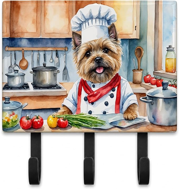 Caroline's Treasures Cairn Terrier The Chef Leash or Key Holder Wall Hooks, Key Hooks Holder, Coat Rack Wall Mount, Coat Hooks, Hooks for Hanging Keys, Towels, Aprons, Leashes | Cairn Terrier The Chef artwork on ceramic tile with three steel hooks for ...