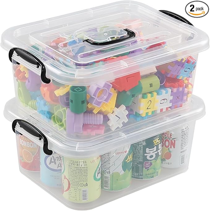 Quickquick 8 L Plastic Latching Box with Handle, Clear Storage Bins, 2-Pack