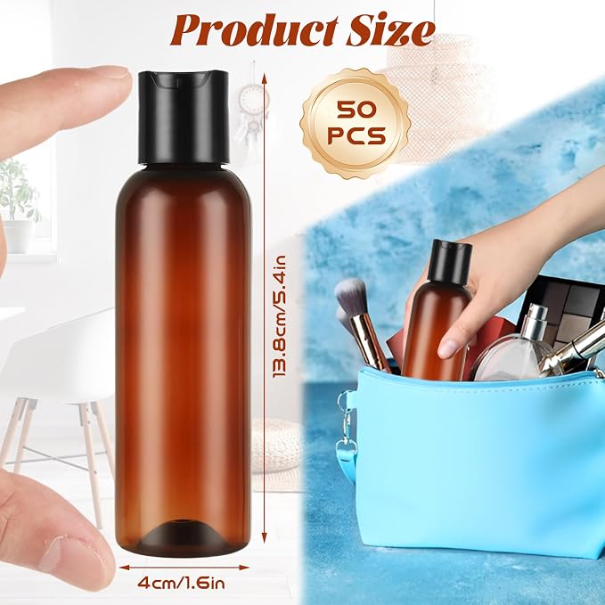 50 Pack 4oz Amber Empty Bottle Plastic Squeeze Bottles with Disc Top Flip Cap, Leakproof Refillable Travel Containers for Lotions Shampoo, Body Wash, Crafts and Toiletries