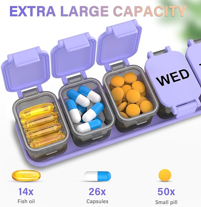 2-Pack Extra Large Weekly Pill Organizer with 7 Detachable Compartments | XL Pill Organizer, Portable Medicine Pill Organizer for Supplements, Daily Pill Case for Home and Travel