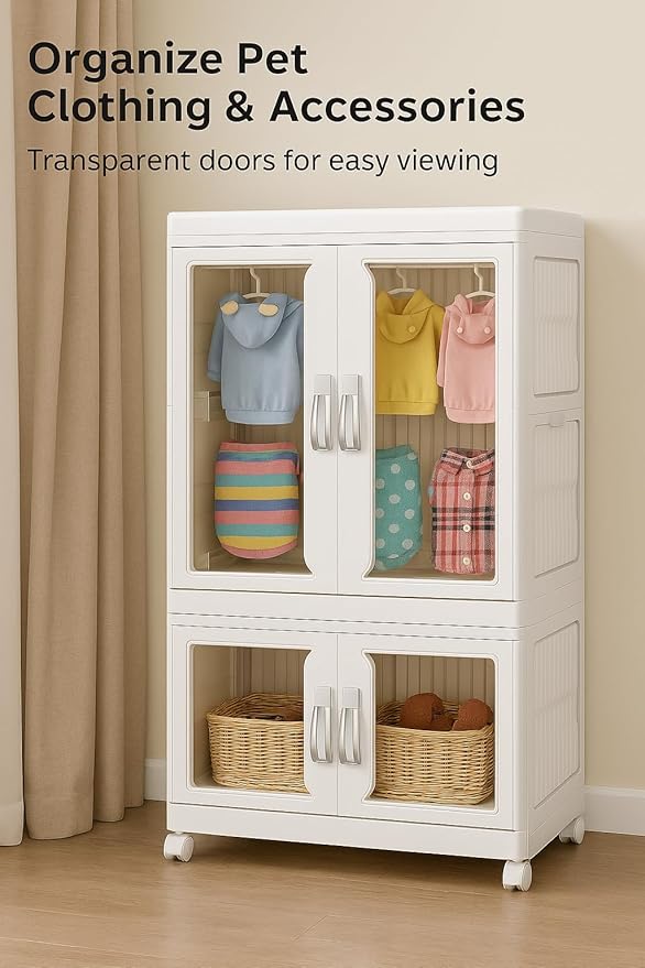 CXCJAI Pet Clothing Storage Cabinet with Hanging Rod Foldable Plastic Storage Bin 2-Tier Dog Clothes Organizer for Small Pets Lightweight, Waterproof– Portable Cat Wardrobe Closet