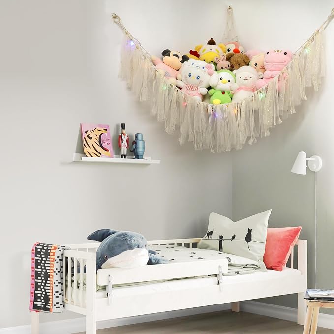 Stuffed Animal Hammock with LED Lights - 59 Inch Large Toy Storage Net for Kids Bedroom, Wall-Mounted Plush Organizer with Wooden Rings, Nursery Decor (Handwoven, White)