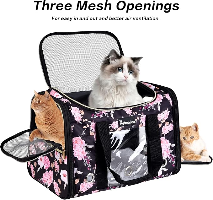 Petmolico Cat Carrier Soft-Sided Airline Approved, Medium, Pink Peony | For small/medium cats & puppies up to 16 lbs, 3 open doors, travel-friendly pet bag