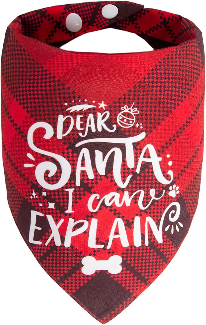 Christmas Dog Bandanas - Dear Santa I Can Explain, Funny Holiday Stocking Stuffers Pet Scarf Naughty & Nice Gifts Idea, Red Plaid, Small & Medium Breed, 5-25lbs