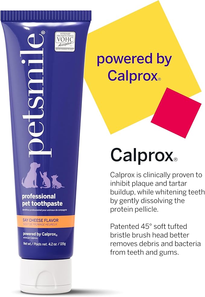 Petsmile Professional Pet Teeth Brushing Kit for Cats & Dogs - VOHC Accepted Toothpaste & Patented Toothbrush - Proven to Control Plaque & Tartar Calprox Formula (Say Cheese, 4.2 Oz)