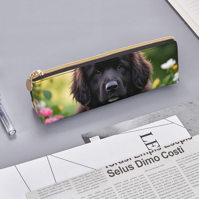 Leather Pen Case with Zipper - Aesthetic Pen Holder Cute Pet Newfoundland Dog Pencil Case for Women & Men - Handcrafted Pencil Bag Multi-Functional Travel Cosmetic Case for Work Office Tool Pouch