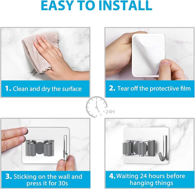 homeasy Broom Holder Wall Mount 6Pcs, Self Adhesive Mop Broom Hanger Silver | Self adhesive stainless steel broom organizer with 4 hooks, holds mops, brooms and garden tools without drilling