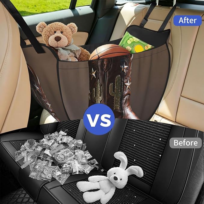 Cowboy Boot Spur Car Seat Organizer-Backseat Storage Bag for Travel | Waterproof Durable. Holds Snacks Gear Essentials. Fits Most Cars.