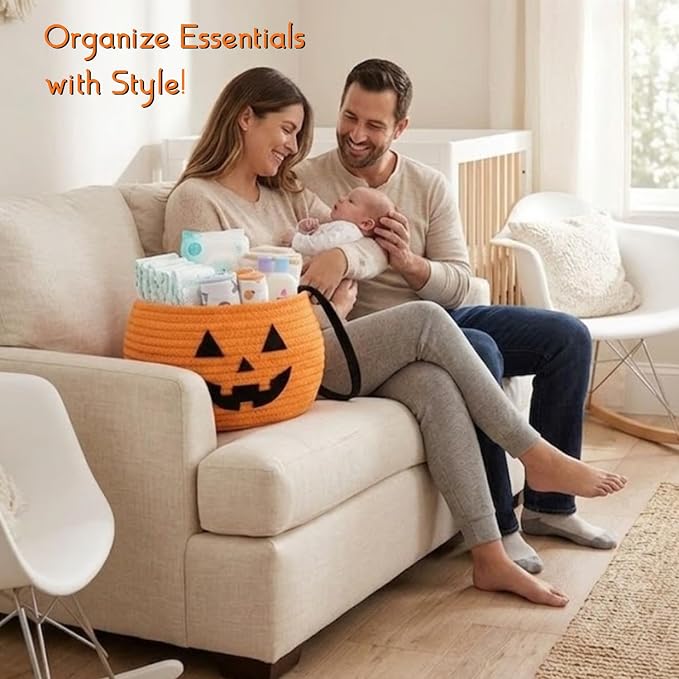 Pumpkin Storage Basket | Woven Cotton Rope Bin | Cute Halloween Candy Bowl, Trick or Treat Bag, Boo Gift, Stuffer Filler | Multipurpose Home Organizer & Gift Basket with Handles | Decorative Container