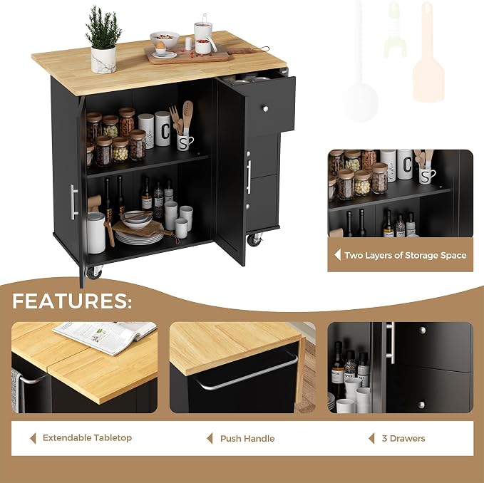 QAQA 40" Kitchen Island Cart Furniture cart on Wheels Rolling Portable Dining Room Serving Utility Carts Mobile Movable with Drawers Cabinet,Black