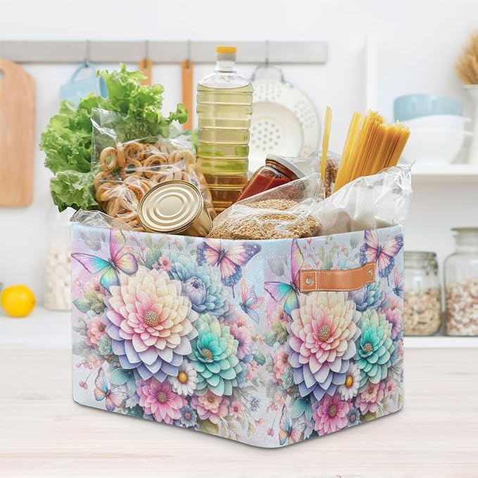 Pardick Basket Storage Bins Rainbow Flower Floral Rectangle Cube Basket Box Kids Girls Boys Toys Organizer Beaket Decor Foldable with Handle for Living Room Bedroom Closet Nursery Office Shelf Gifts