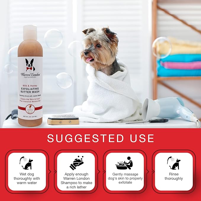 Warren London Exfoliating Butter Wash – Milk & Honey Dog Shampoo, 8 oz | Cleans, Exfoliates & Deep-Conditions in One | Jojoba Beads Remove Dandruff & Itch | Non-Oily Shine | Made in USA