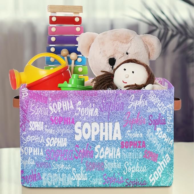 Personalized Name Storage Basket, Gradient Purple Blue Glitters Print | Organizing Boys Girls Pets Toys Closet Shelf Clothes Books