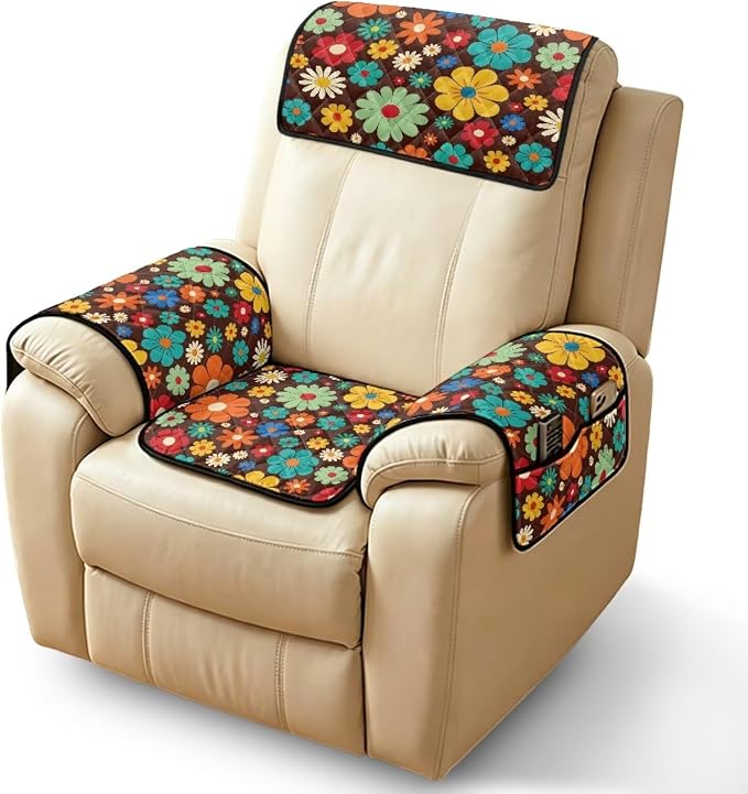 Colorful Daisy Recliner Chair Slipcover Waterproof 4 Piece | Retro Recliner Chair Covers Quilted Non Slip Washable Furniture Protector for Armchairs Wingback Lazy Boy Reclining Chairs