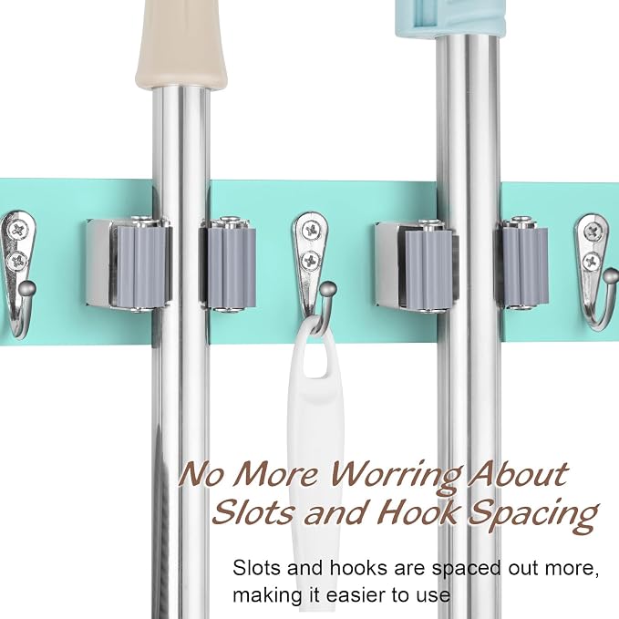 OUTNILI Turquoise Mop Broom Holder Wall Mount with 4 Slots & 4 Hooks - Wood Broom Mop Hanger for Pantry Closet Laundry Room Organization - for Teal Kitchen Decor and Accessories