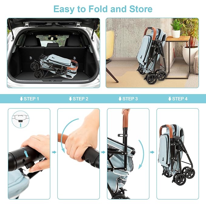 Double Pet Stroller for 2 Dogs & Cats, Double-Decker, Blue | One-Hand Fold Two-Tier Stroller with Separate Cabins, 44 lb Capacity, 4 Tethers, Locking Front Wheels and Rear Brakes