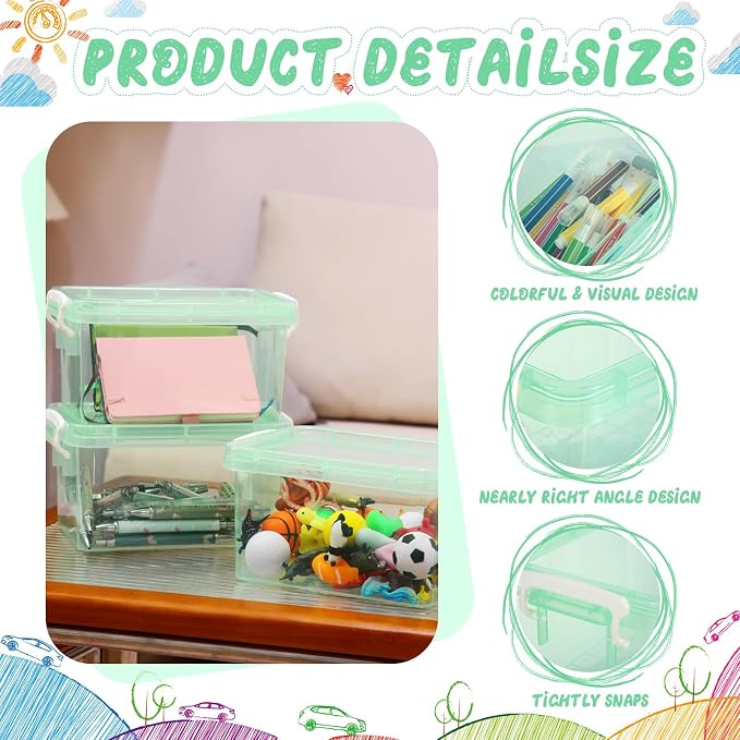 6 Pack Colorful Plastic Storage Bins with Lids 4 Quart Small Storage Latch Box Stackable and Nestable Clear Organizer Bins with Latching Handle and Buckle for Organizing(Green)