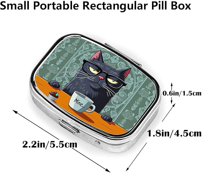 ABLESKY Pill Box, 2 Compartment Pill Organizer Case for Pocket or Purse, Small Portable Metal Travel Medicine Box with Mirror, Daily Vitamins Fish Oil Container-Retro Cat