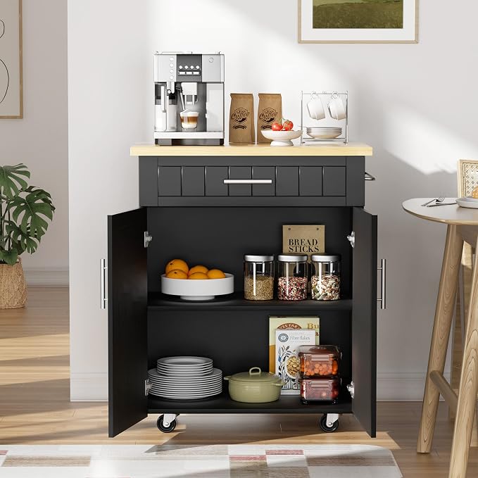 JY QAQA 26" Kitchen Island on Wheels with Storage Cabinet Kitchen Cart Cabinet with Shelves, Cart Handle for Towel Rack or Free Mobility, Portable Islands for Kitchen,Black