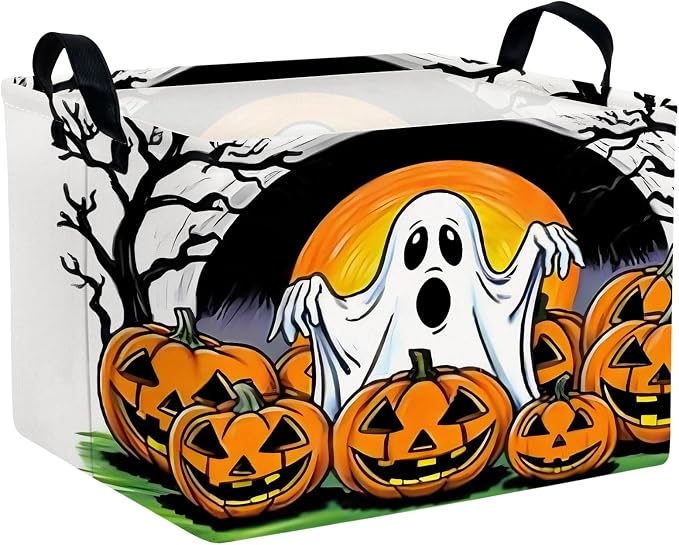 Large Halloween Basket Gift Cute Ghost Pumpkin Parties Decor Kid Trick or Treat Basket for Boys and Girls Rectangular Storage Bin Box (Great Ghost)
