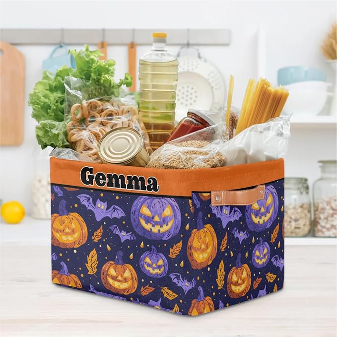 Personalized Foldable Storage Basket with Name for Boys, Laundry Hamper Dirty Clothes Pet Toys Storage Bin with Handles for Shelf Home Closet, Purple Orange Pumpkin Bat