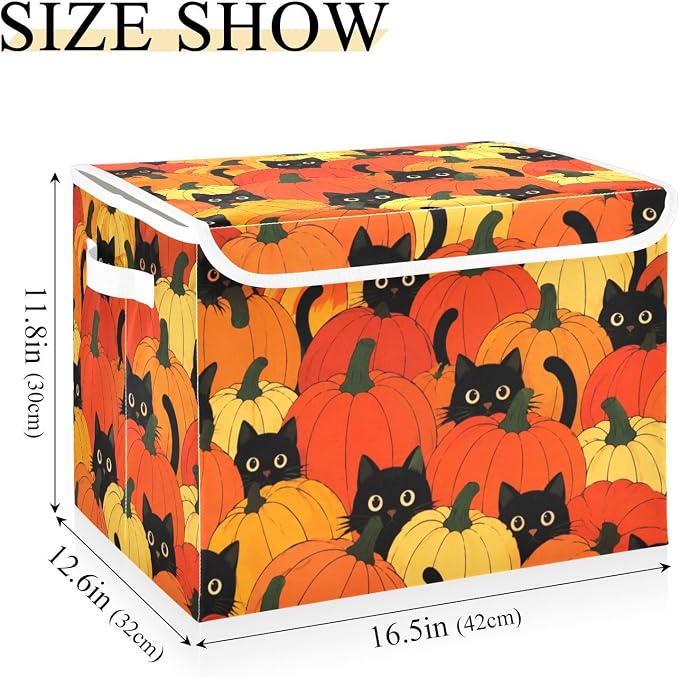 Pumpkin Cat Fabric Storage Bins with Lid Foldable Storage Boxes 40L Baskets | Foldable & Stackable, Flip Top Dust Guard, Reinforced Handles, Home & Bedroom, Clothes & Toys, Oxford Print Basket