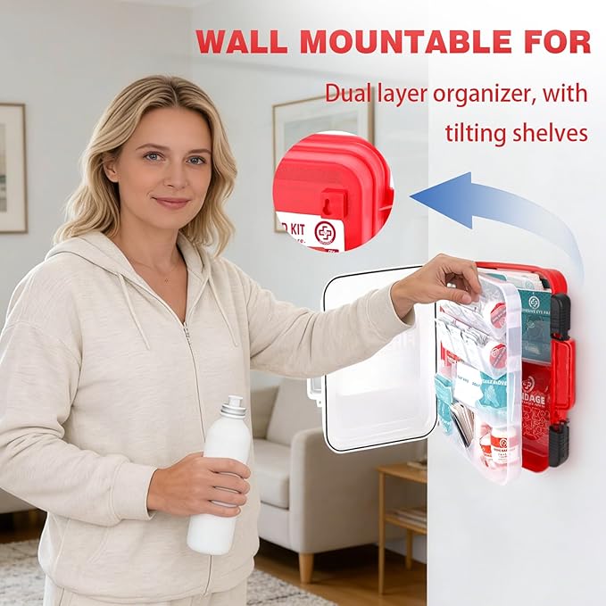 400 Piece First Aid Kit, Organized Dual-Layer Wall-Mountable Hard Case | Sturdy Case, Complete Medical Kit for Home, Car, Camping, Travel, Hiking, Truck, Office, Sports & Outdoor Emergencies