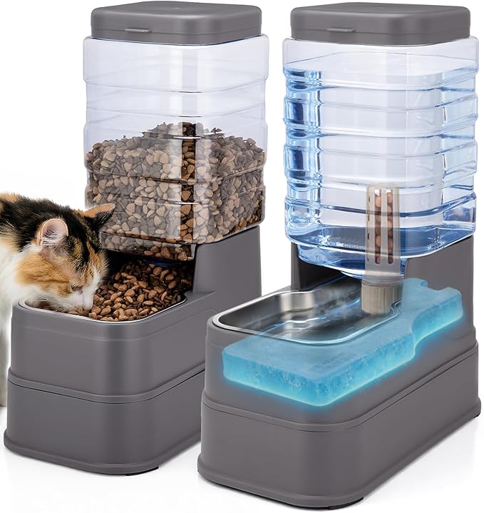 2 Pack Automatic Cat Feeder and Water Dispenser 1.3Gallon Dog Gravity Food Feeder and Water with Ice Pack Stainless Steel Dry Food and Waterer Bowl for Small Medium Large Pets (Grey)