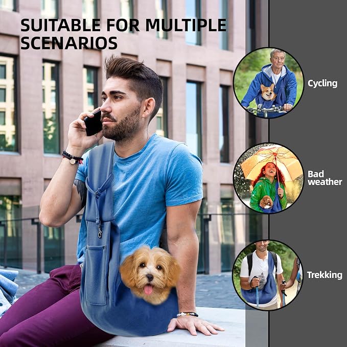 Dog and Cats Carrier Sling, Puppy Small Pet Carrier with Storage Pocket | Reversible Dog Sling Carrier, Safety Buckle, Storage Pocket, Machine Washable for Travel, Outdoor Activities, Hand-Free, Blue