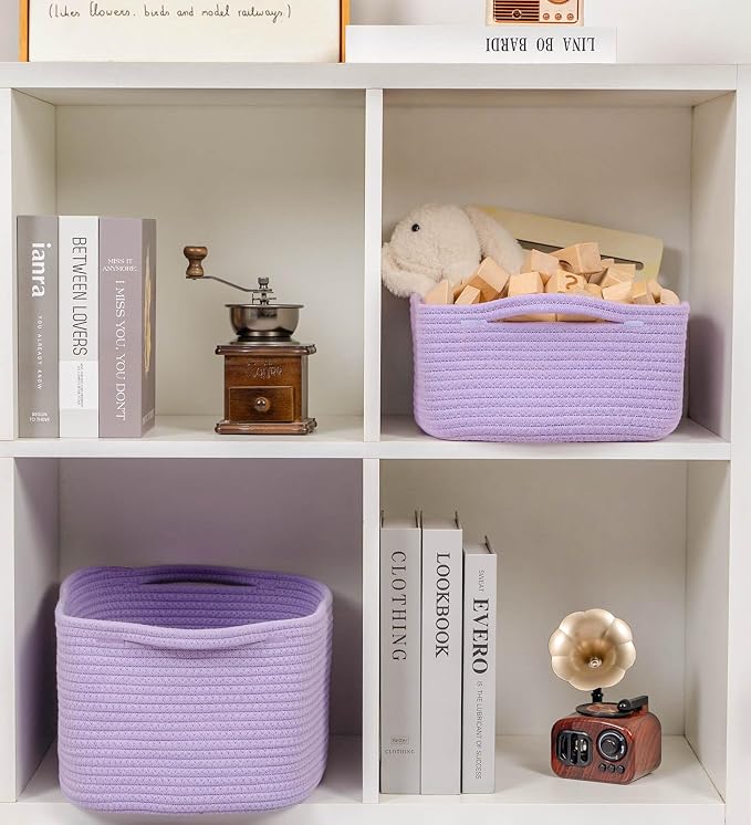 CubesLand Cute and Durable Small Cotton Rope Basket for Organizing | Woven Closet Storage Bin,Shelves Closet Storage Basket, Bathroom Storage Organizer Bin, Nursery Toy Basket Bin, Purple Basket
