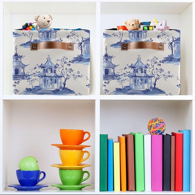 susiyo Large Closet Storage Bin Pagodas Chinoiserie Fabric Storage Baskets Collapsible Decorative Baskets Organizing Basket Bin with PU Handles for Shelves Home Closet Bedroom Living Room-2Pack