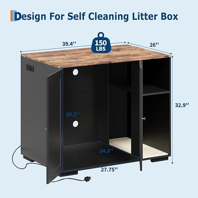 Large Robot 4 Litter Box Enclosure Cabinet with Built-in Power Outlet | Automatic Self‑Cleaning Litterboxes Furniture, Dog‑Proof Shelf, Robot Cabinet for Litter Box Black