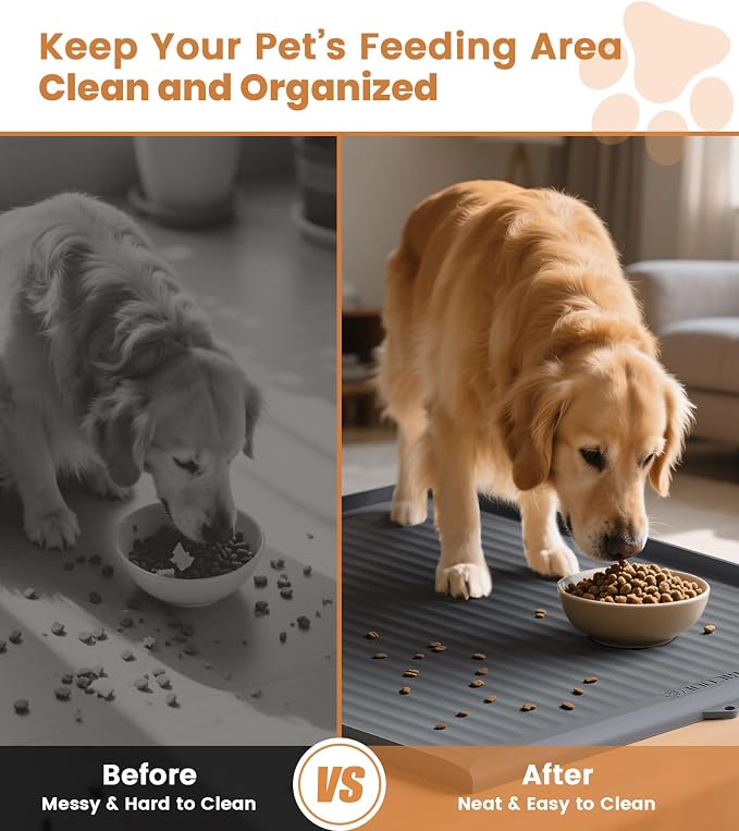 Dog Food Mat 36"x24", Waterproof Dog Bowl Mat, Grey | Raised Edges Prevent Spills, Diversion Grooves, Waterproof Surface, Non-slip Backing, Easy to Clean