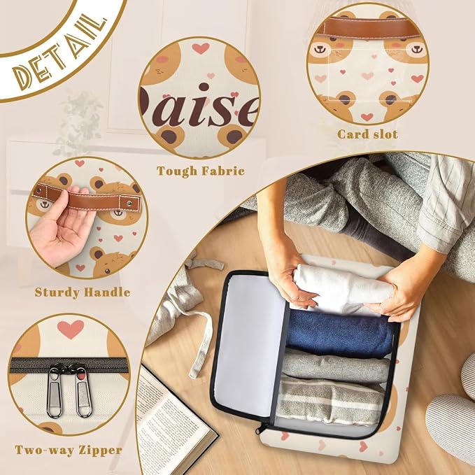 Custom Cute Bear Storage-Bin With Zipper Lid for Kids-Girls-Boys-Baby-Pet,Personalized Name Foldable Storage Box with Handle,Baby Basket With Label for Bedroom Nursery Toy Clothes,Beige