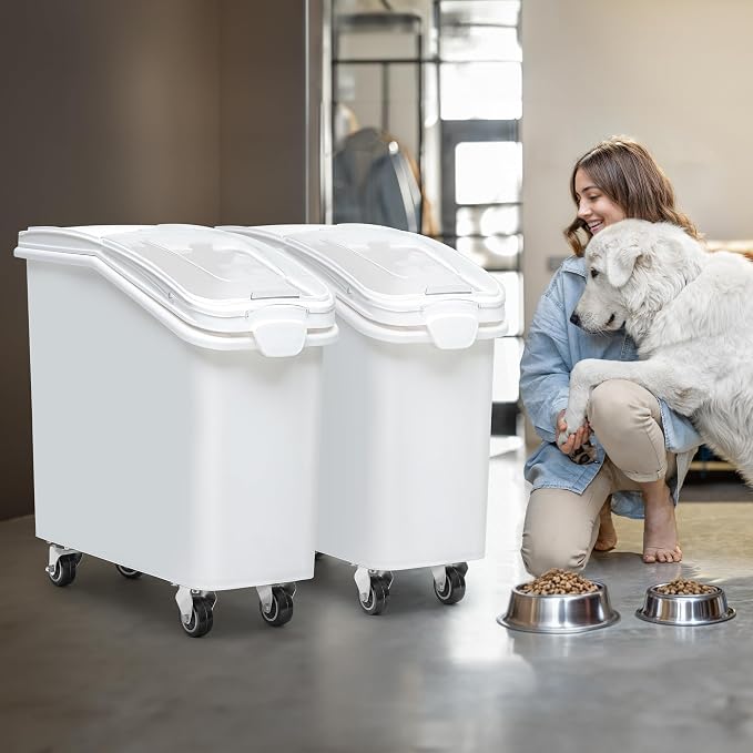 YITAHOME 21-Gallon Food Storage Container Bulk Flour Bin, Large Ingredient Storage Bin with Wheels, Measuring Cup & Scoop, for Kitchen/Dining Room, Commercial Rice Container, 2 count,White