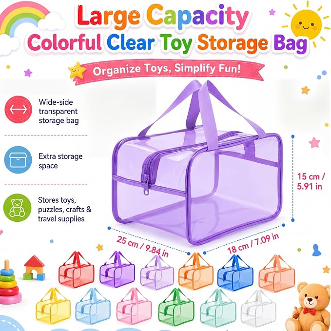 Shinylin 12 Pack Pastel Colorful Large Toy Storage Bags with Zipper 9.8 x 5.9 x 7.1 Inch Reusable Waterproof PVC Clear Board Game Storage Bags with Labels for Puzzles Building Blocks Book Stationery