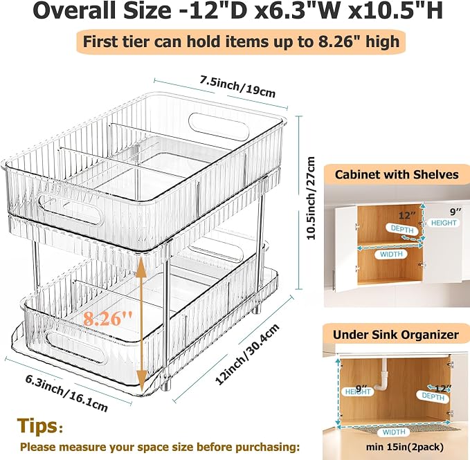 2 Pack Under Sink Organizer and Storage, 2 Tier Pull-Out Bathroom Organizers for Cabinet, Kitchen, Clear