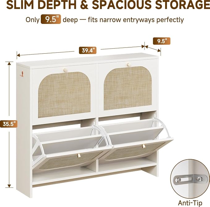 Freestanding Ultra Slim Arched Rattan Accent Shoe Storage Cabinet for Entryway - 4 Flip Drawers & 3-Tier Adjustable Shelves, Farmhouse Modern Rustic Shoe Rack for Hallway Foyer,Cloud White