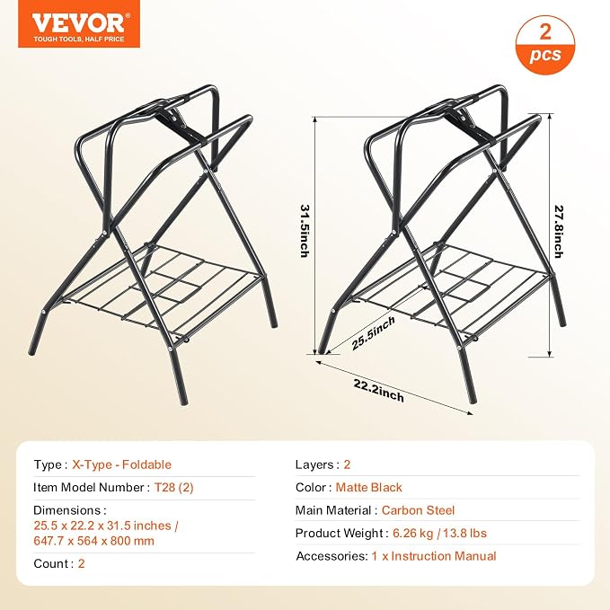 VEVOR Folding Saddle Rack, 2 Packs Freestanding Horse Saddle Stand, Portable Horse Blanket Holder, Heavy Duty Steel Saddle Rack for English & Western Saddles, Tack Storage, 28 x 19 x 37.5 in, Black