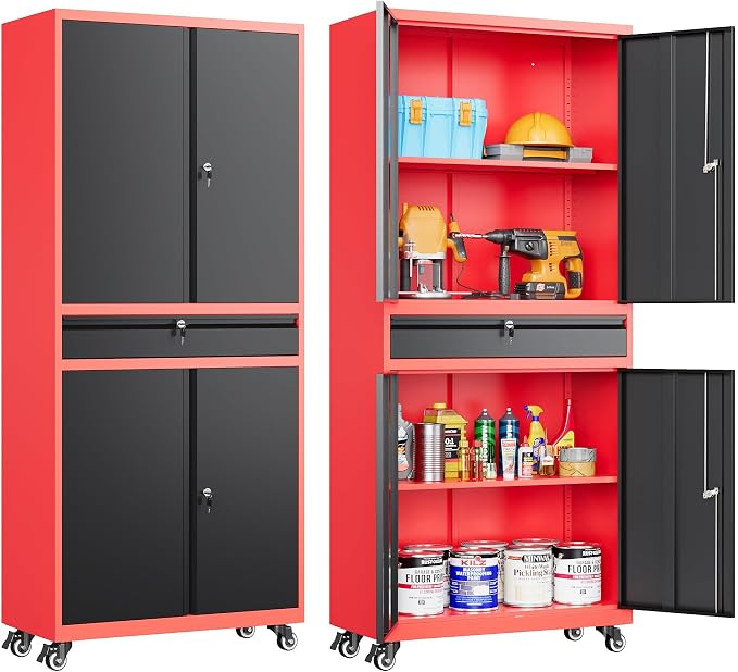 Metal Storage Cabinet with Wheels and Drawer,Rolling Garage Storage Cabinet with Lock,Black Red Metal Cabinets with Wheel,73" Mobile Tall Tool Cabinets on Wheel for Home,Office,Garage,Shop