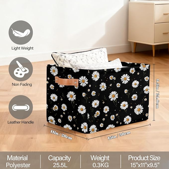 Pardick Storage Baskets Bin, Daisy Flower Black Collapsible Canvas Fabric Storage Bin Decorative Baskets Toy Organizer Rectangle Storage Boxes with handles for Home Shelves Nursery,Q-11