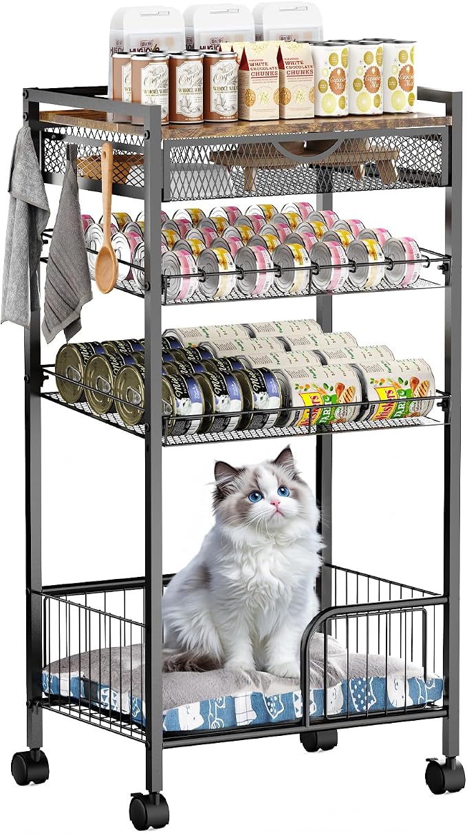Cat Food Organizer，One-Stop Canned Food and Cat Bed Storage Mobile Rack | Automatic Slip Design,Manually Adjust The Gap Size，Store Suitable Can Sizes，Used For Jar Food & Pet Supplies Assign Rack