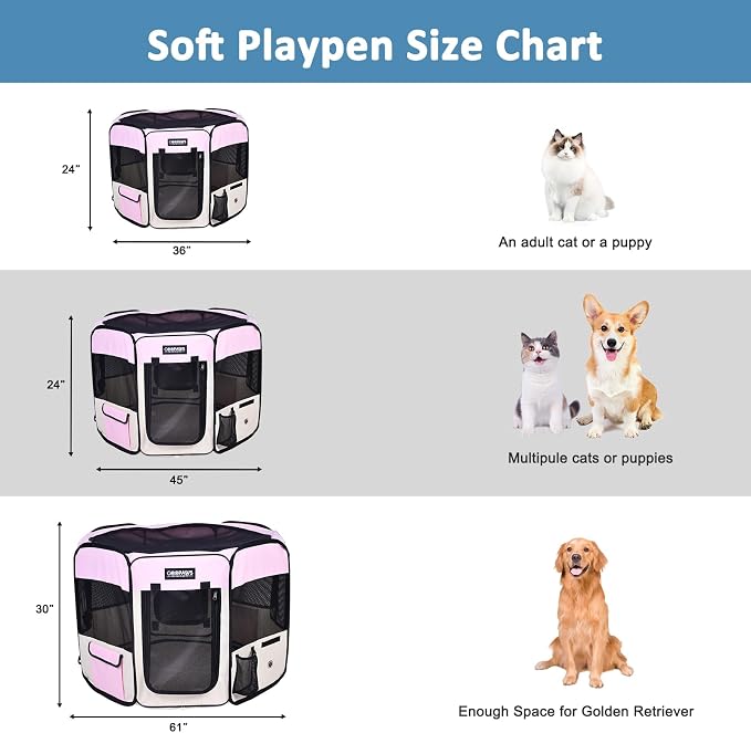 Jespet Soft Dog Playpen, Portable Pet Exercise Pen Kennel with Carry Bag | 2-Door, Easy to Fold, Ground Stakes, Zipper Locks, Large Storage Pocket, Washable Top Mesh Cover & Bottom Cover