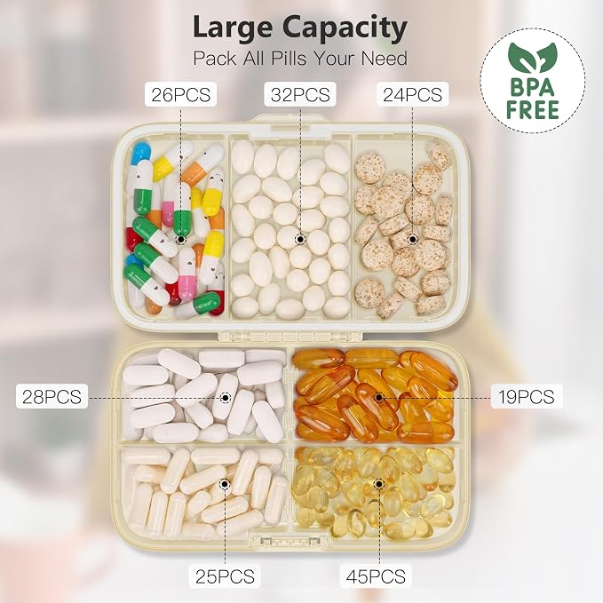 FYY Travel Pill Organizer, Large Weekly Medicine Pill Organizer-Beige | Airtight Moistureproof Medicine Case, Easy to Use, 8 Compartment Pill Box for Vitamins, Fish Oil, Supplements, Mini First Aid